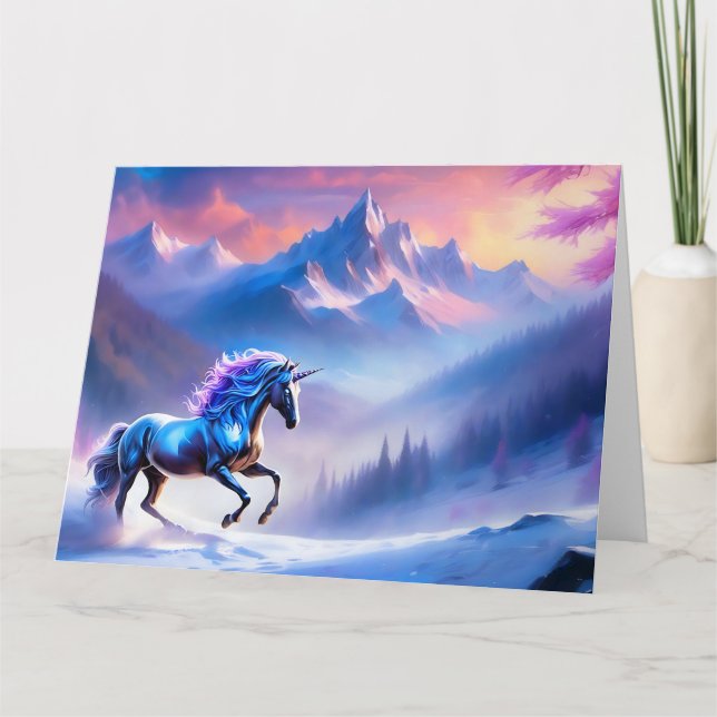 Black Unicorn in a Dreamy Winter Landscape Card (Front)