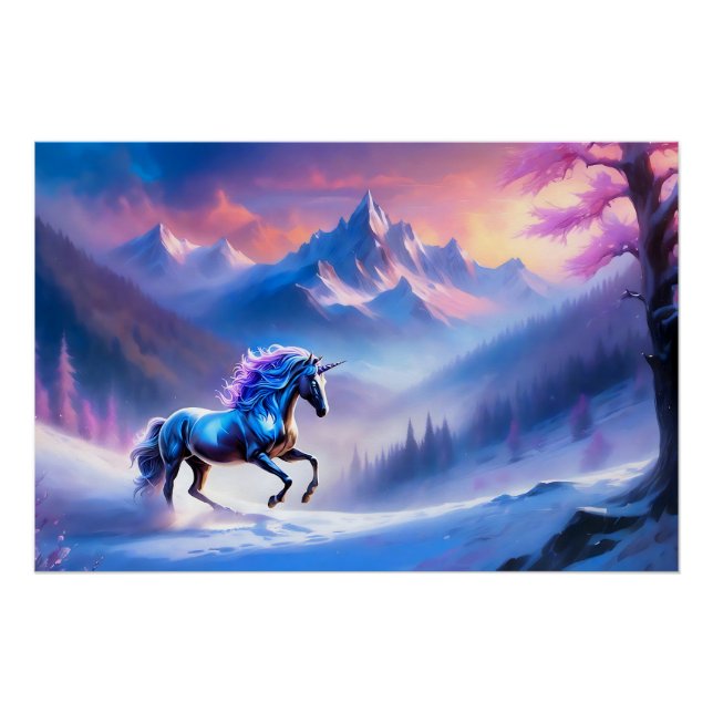 Black Unicorn in a Dreamy Winter Landscape Poster (Front)