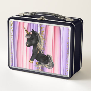 Black Unicorn Pink Ears  Metal Lunch Box