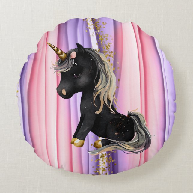 Black Unicorn Pink Ears  Round Cushion (Front)