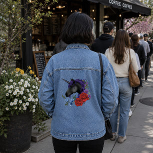 Black Unicorn Purple Midnight Garden Flowers Denim Jacket