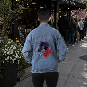Black Unicorn Purple Midnight Garden Flowers Denim Jacket