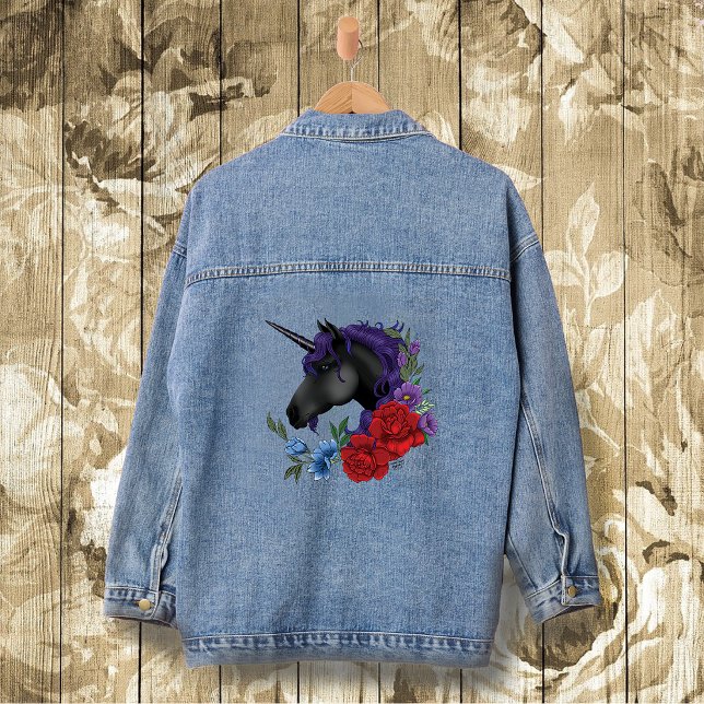Black Unicorn Purple Midnight Garden Flowers Denim Jacket (Creator Uploaded)