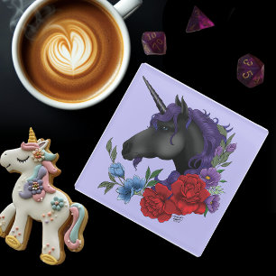 Black Unicorn Purple Midnight Garden Flowers Glass Coaster