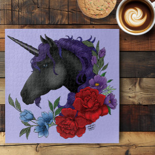 Black Unicorn Purple Midnight Garden Flowers Jigsaw Puzzle