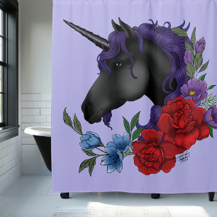 Black Unicorn Purple Midnight Garden Flowers Shower Curtain