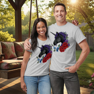 Black Unicorn Purple Midnight Garden Flowers T-Shirt