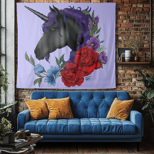 Black Unicorn Purple Midnight Garden Flowers Tapestry