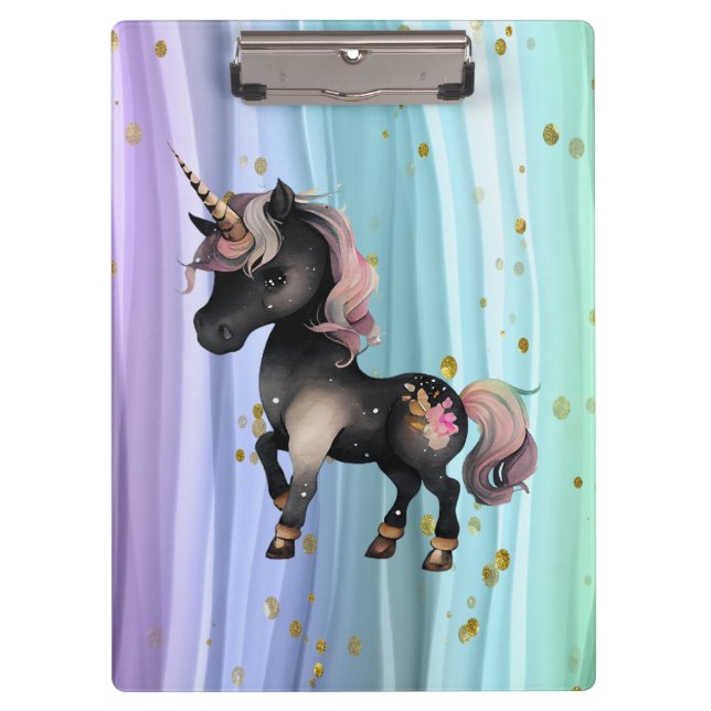 Black Unicorn Purple Pink Tail Clipboard (Front)