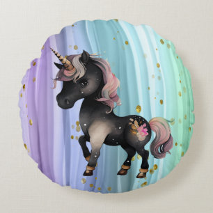 Black Unicorn Purple Pink Tail  Round Cushion