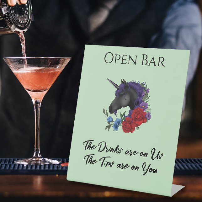 Black Unicorn Purple Red Sage Flowers Open Bar  Pedestal Sign (Creator Uploaded)