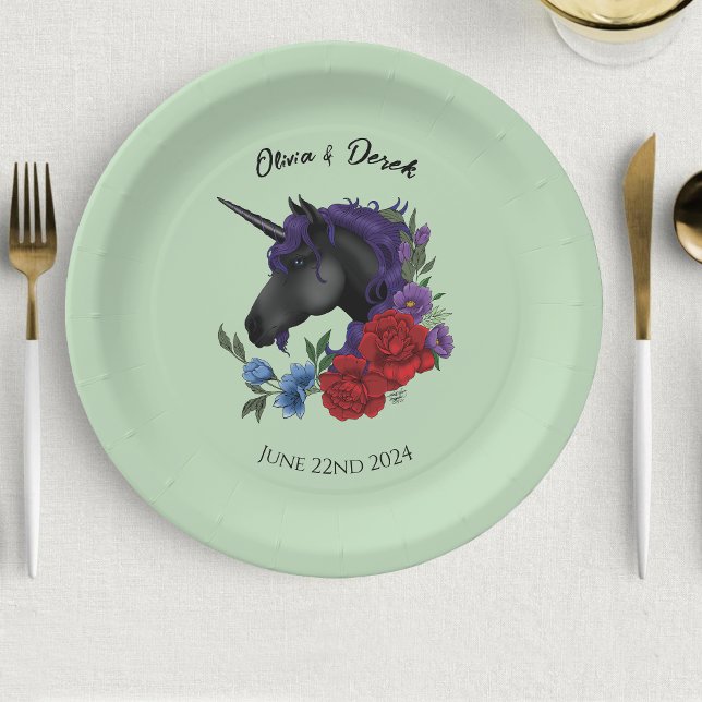 Black Unicorn Purple Red Sage Flowers Paper Plate (Creator Uploaded)