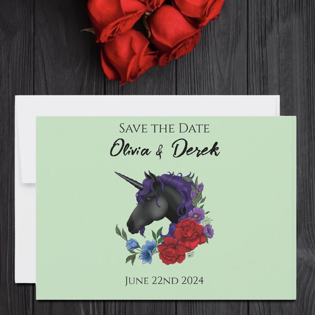 Black Unicorn Purple Red Sage Flowers Save The Date (Creator Uploaded)