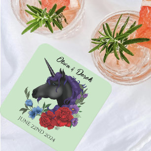 Black Unicorn Purple Red Sage Flowers Square Paper Coaster