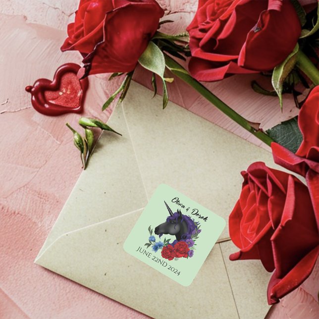 Black Unicorn Purple Red Sage Flowers Square Sticker (Creator Uploaded)