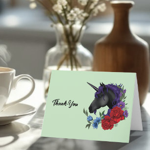 Black Unicorn Purple Red Sage Flowers Thank You Card