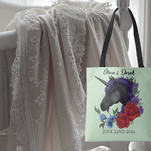 Black Unicorn Purple Red Sage Flowers Tote Bag