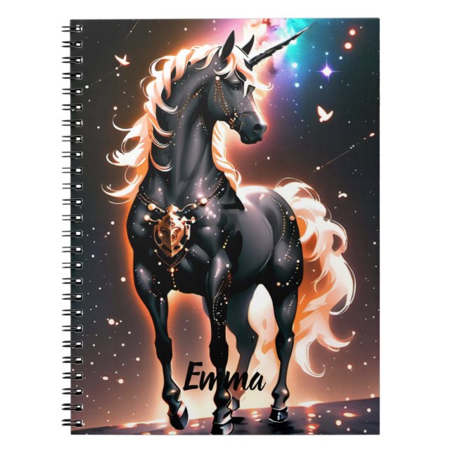 Black Unicorn With Gold Mane Custom Name Script Notebook (Front)