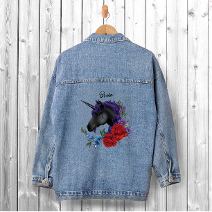Black Unicorns Purple Red Sage Flowers Denim Jacket
