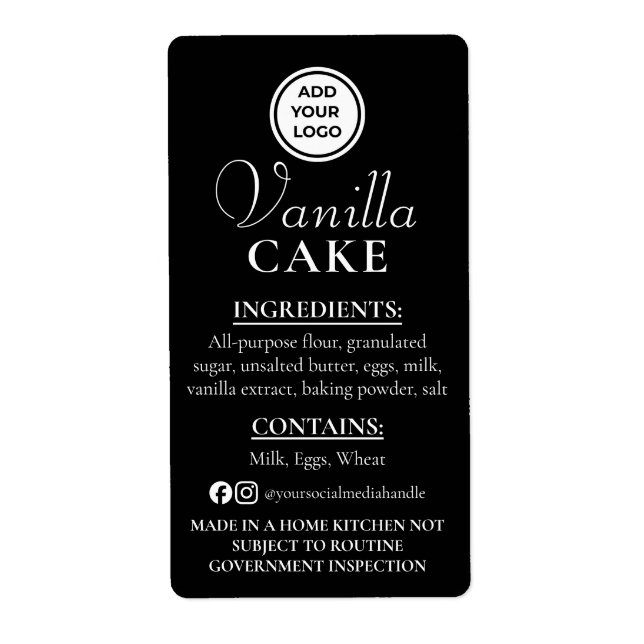 Black Vanilla Cake Cottage Law Ingredient Label (Front)