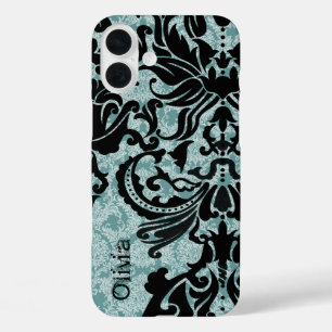 Black Vector Damask Vintage Blue iPhone 16 Plus Case