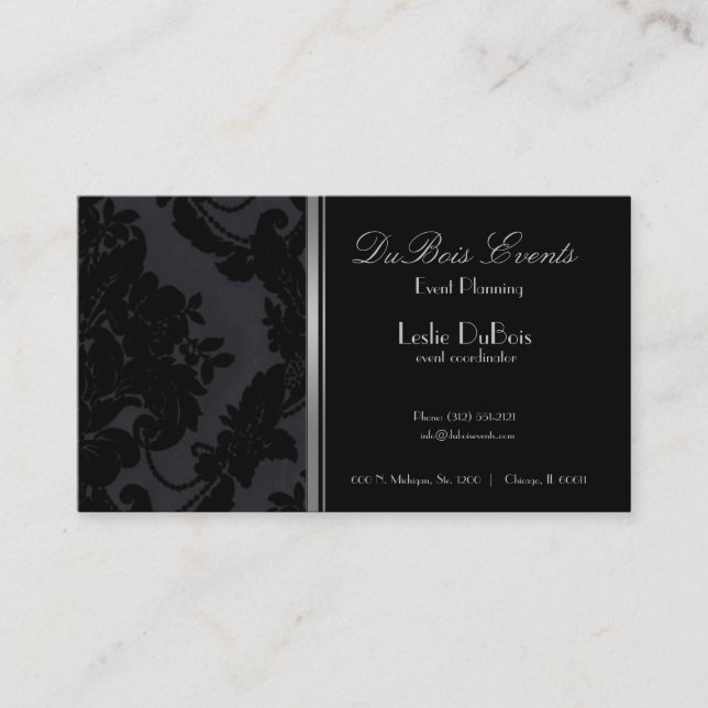 black velvet damask event planner business card (Front)