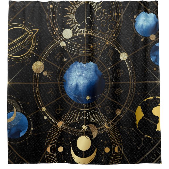 Black Velvet Gold Celestial Astrology Shower Curtain (Front)