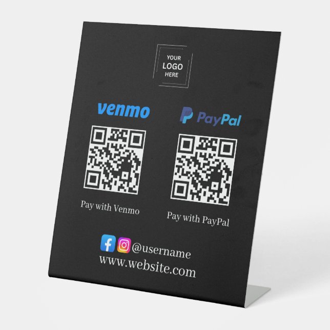 Black Venmo PayPal QR Code Scan to Pay Pedestal  Sign (Front)