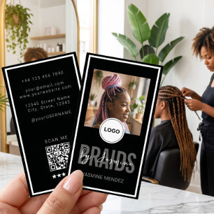 Black Vertical Braiding Salon Single Photo Logo QR Business Card
