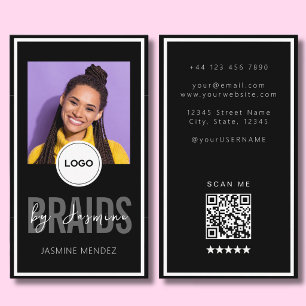 Black Vertical Braiding Salon Single Photo Logo QR Business Card