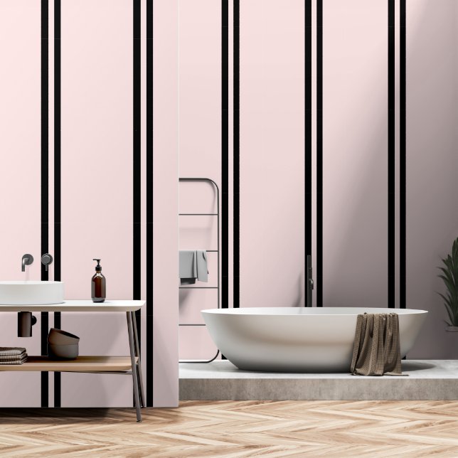 Black Vertical Stripes On Pastel Pink  Wallpaper (Bathroom)