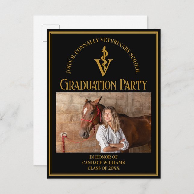 Black Veterinary School Photo Graduation Party Invitation Postcard (Front/Back)