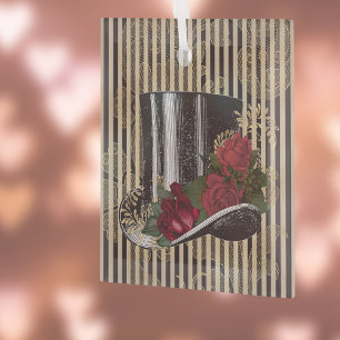 Black Victorian Hat on Black Gold Damask Stripes Glass Tree Decoration