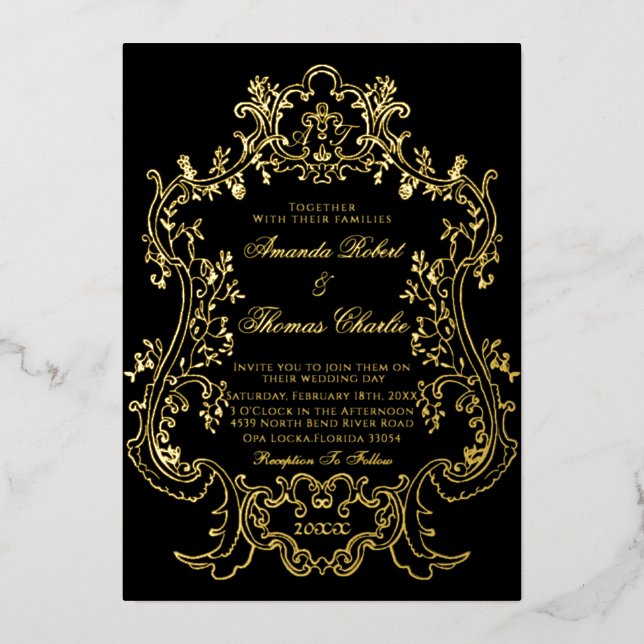 Black Victorian White and Gold Wedding Invitation (Front)