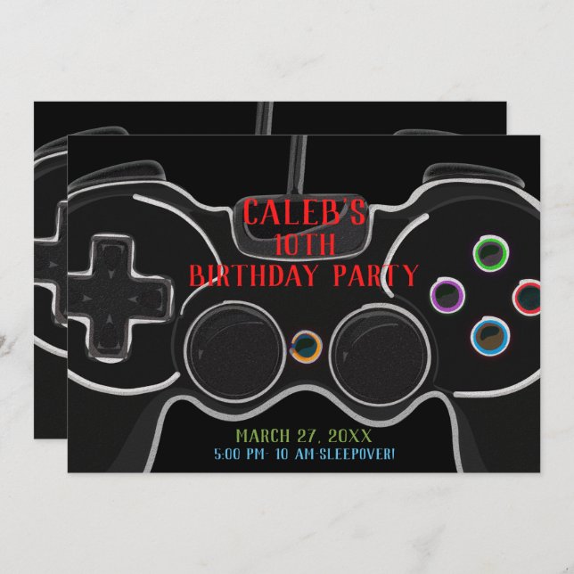 Black Video Game Controller Birthday Party Invitation (Front/Back)