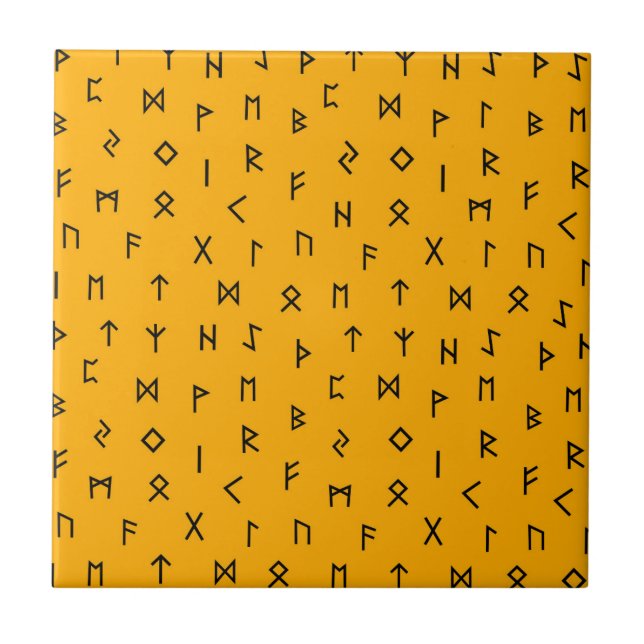 Black Viking Runes on Mustard Yellow Background Ceramic Tile (Front)