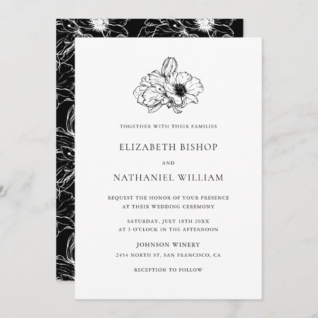 Black Vintage Anemones Floral Wedding Invitation (Front/Back)