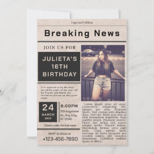 Black Vintage Breaking News Birthday  Invitation