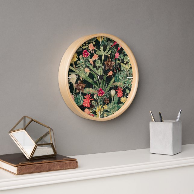 Black Vintage Colourful Cactus Clock (Office)