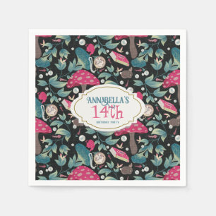 Black Vintage Cottagecore Mushroom Birthday Napkin