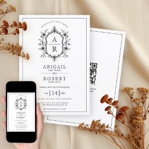 Black vintage crest monogram QR code wedding Invitation
