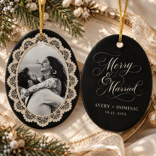 Black Vintage Crochet Lace Photo Merry Married Ceramic Ornament
