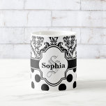 Black Vintage Damask Cute Polka Dots Coffee Mug<br><div class="desc">Classic and classy black and white damask pattern with cute polka dot pattern. Graphic design features a retro style nameplate with monogram initial letter and first name. Elegant trendy chic gift for girly girls and women.</div>