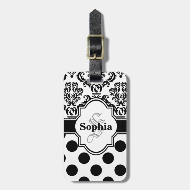 Black Vintage Damask Cute Polka Dots Luggage Tag (Front Vertical)