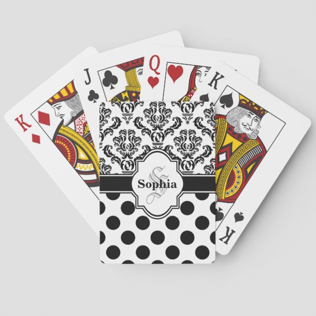 Black Vintage Damask Cute Polka Dots Playing Cards (Back)