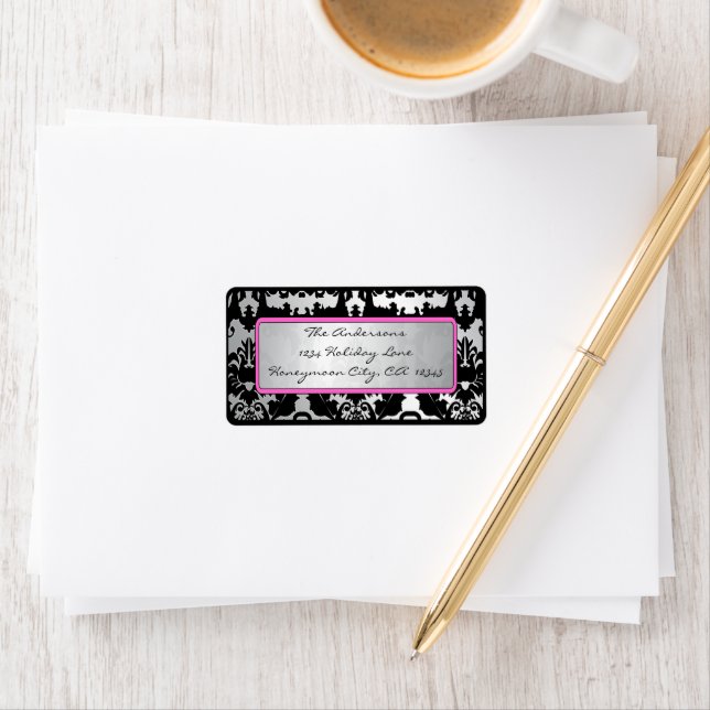 Black Vintage Damask Pink & Silver Address Label (Insitu)