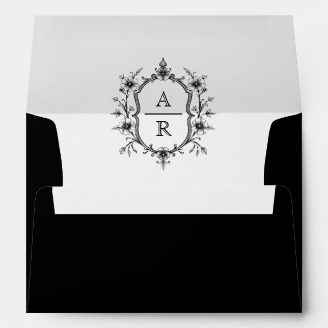 Black vintage floral crest monogram wedding envelope (Back (Bottom))