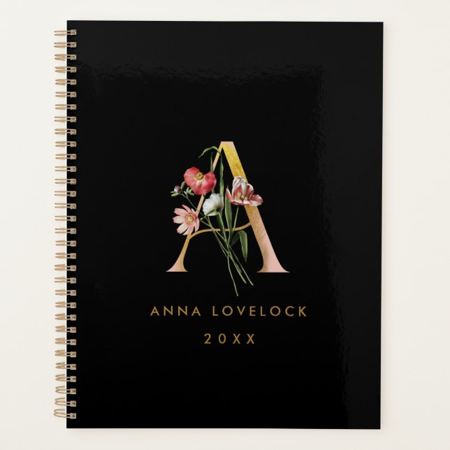 Black Vintage Floral & Gold Monogram Letter A Planner (Front)
