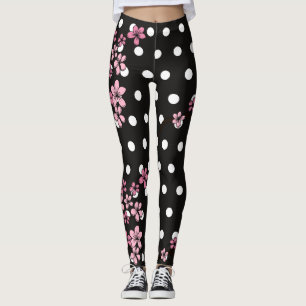 Black Vintage Floral Roses White Gold Dots Chic Leggings