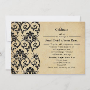 Black Vintage Floral Swirl Wedding Invitation